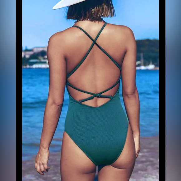 Green Ribbed One Piece Swimsuit Bathing Suit Deep V Neck Size L - Picture 4 of 4